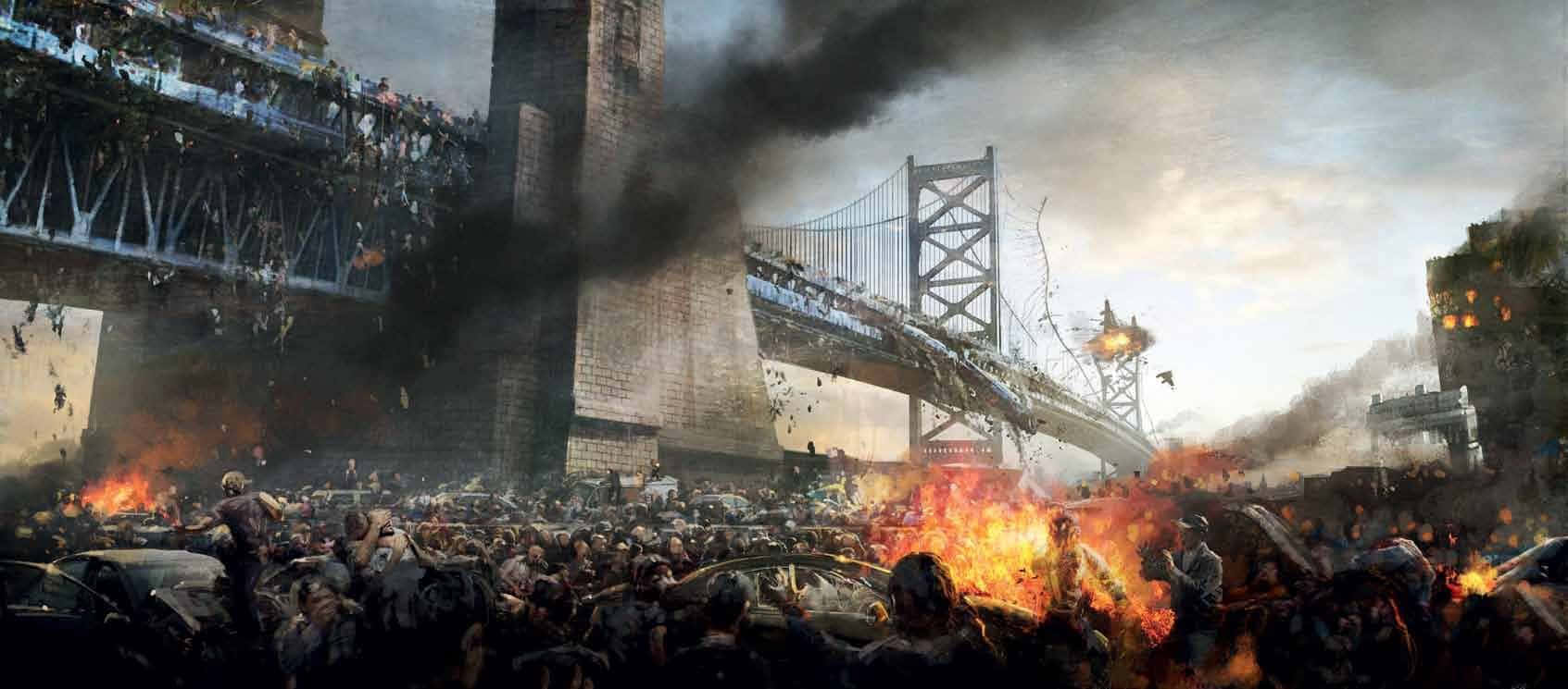 World War Z 桌布 壁紙 — 混亂的殭屍群在燃燒的橋樑下湧現，火焰噴發，濃煙升向陰沉的天空。