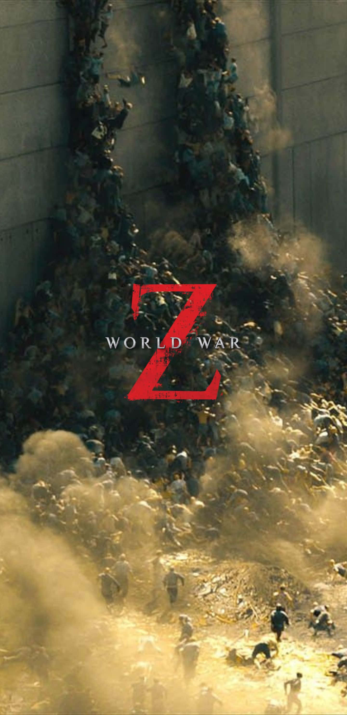 Pixel 3xl World War Z 桌布 壁紙 — 混亂的殭屍群沿著混凝土牆衝下，穿過塵埃雲，形成一個可怕的末日場景。