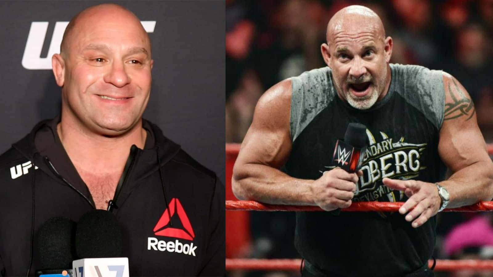 UFC 桌布 壁紙 — 混合武術家和摔角手的對比場景分割圖像，一個在記者會上微笑，另一個在摔角場上咆哮。