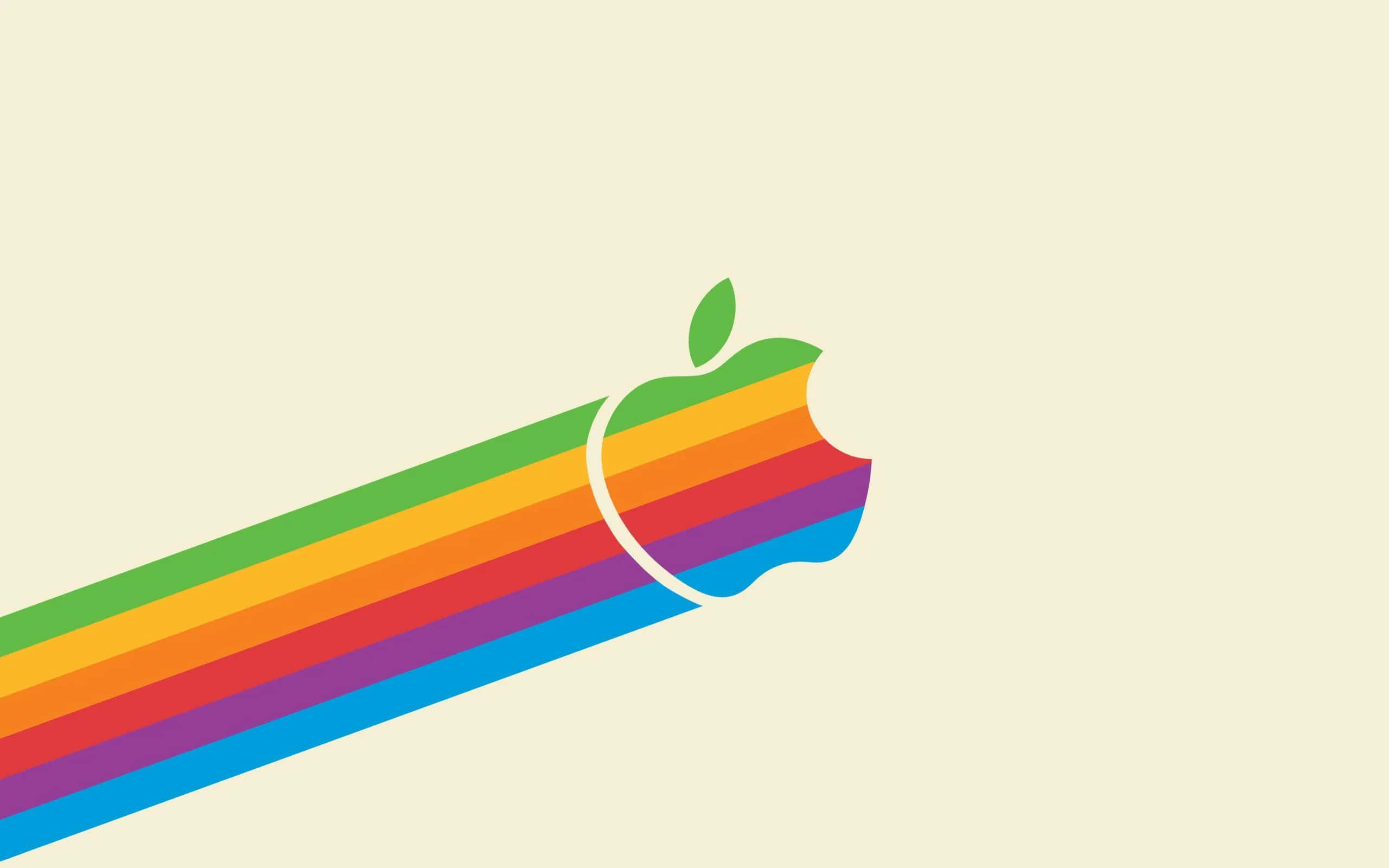 蘋果 桌布 壁紙 — 淺奶油色背景上帶有咬痕和葉子的彩虹條紋 Apple 標誌。