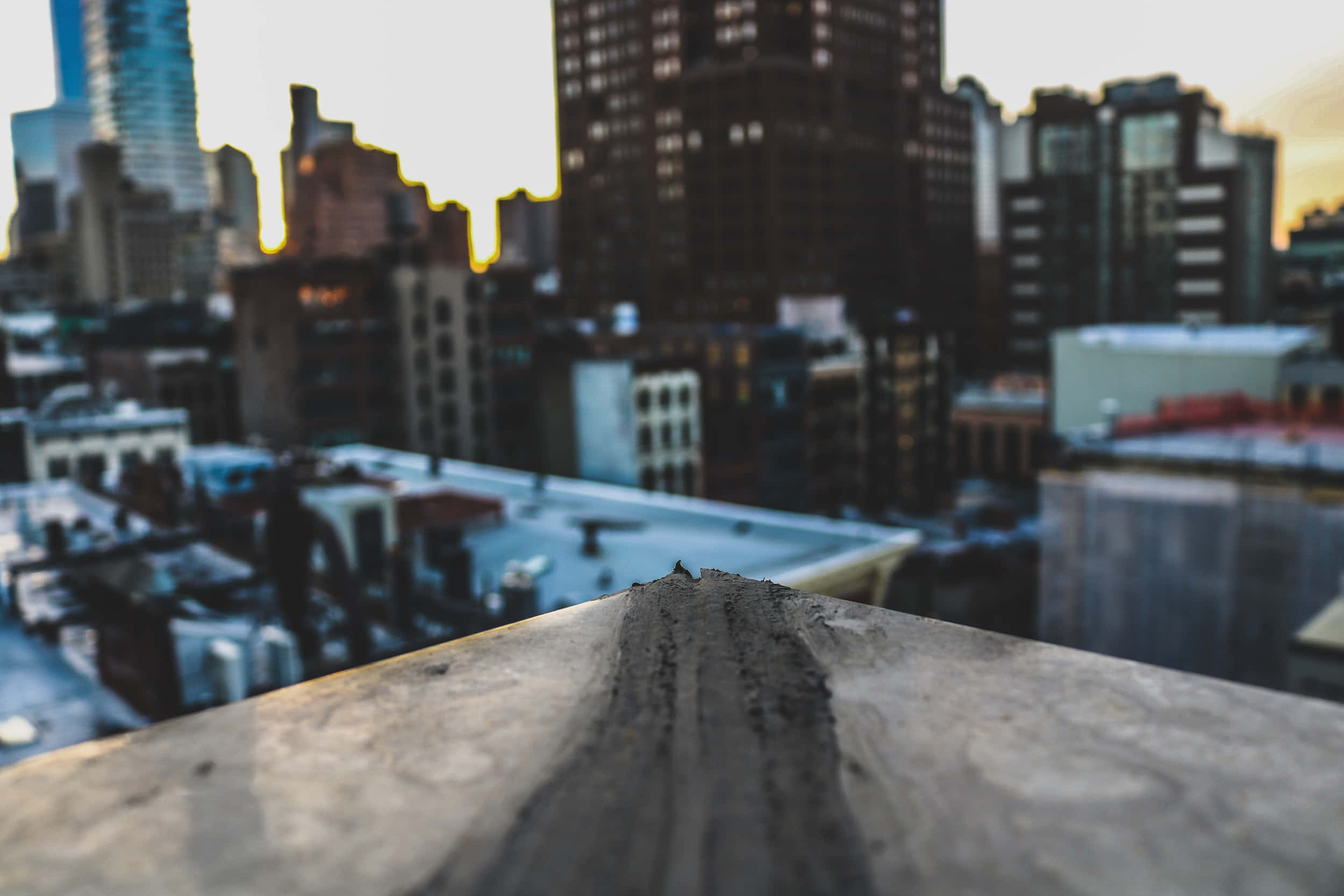 Rooftop 桌布 壁紙 — 淺景深捕捉了風化的屋頂邊緣，以及夕陽下模糊的城市天際線。