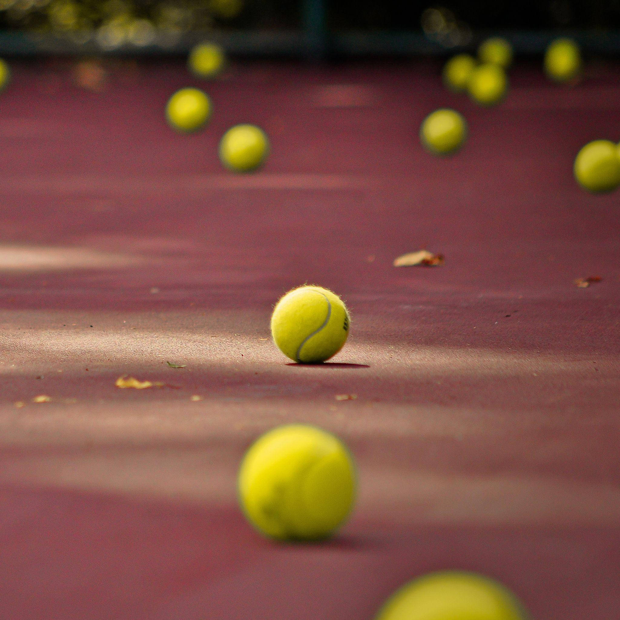 Tennis 桌布 壁紙 — 淺景深捕捉到在溫暖陽光下散落在紅土球場上的黃色網球。