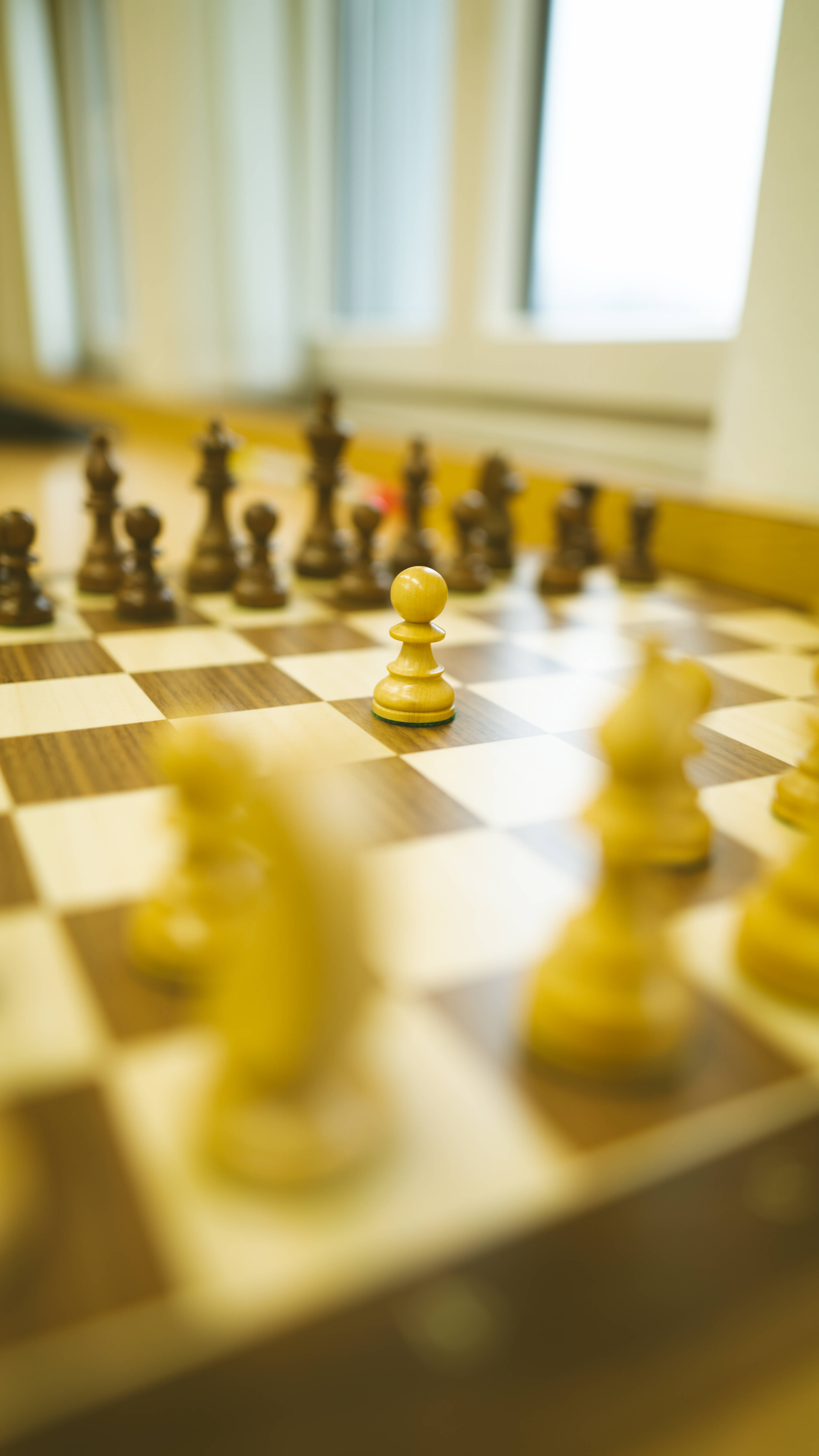 Checkered 桌布 壁紙 — 淺景深聚焦於木製棋盤上的一個白色兵卒，背景有模糊的對手棋子和明亮的窗光。