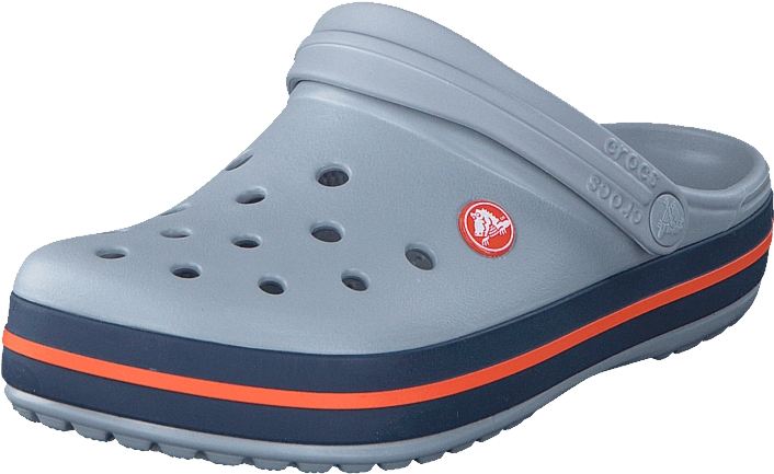 Crocs 桌布 壁紙 — 淺灰色Crocs木屐，帶有橙色和海軍藍色點綴，紅色標誌，黑色背景。