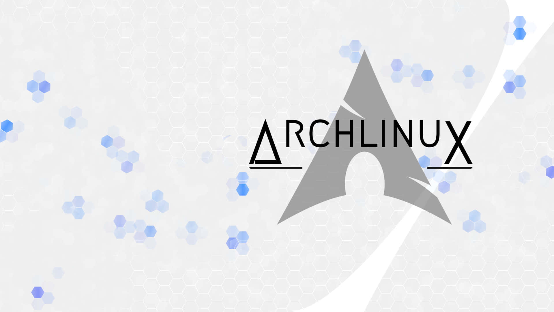 Arch Linux 桌布 壁紙 — 淺灰色六邊形背景上的 Archlinux 標誌，帶有灰色三角形和藍色六邊形。