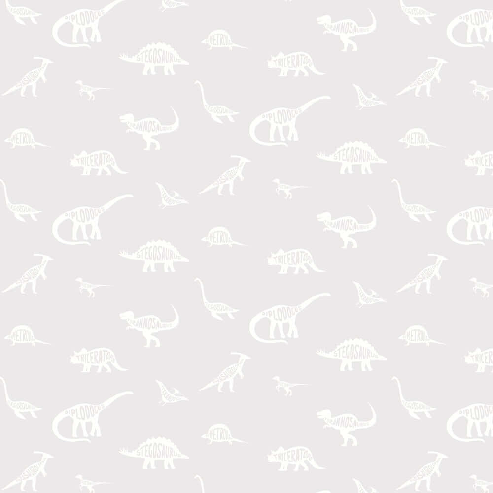 Dino 桌布 壁紙 — 淺灰色壁紙，重複白色恐龍剪影，附有名字如劍龍和三角龍。