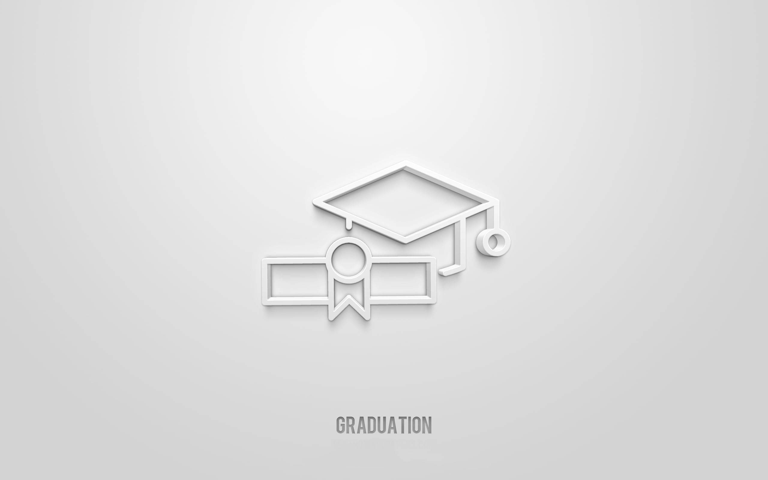 Graduation 桌布 壁紙 — 淺灰色漸變背景上帶有柔和陰影的簡約白色畢業帽和文憑圖標。