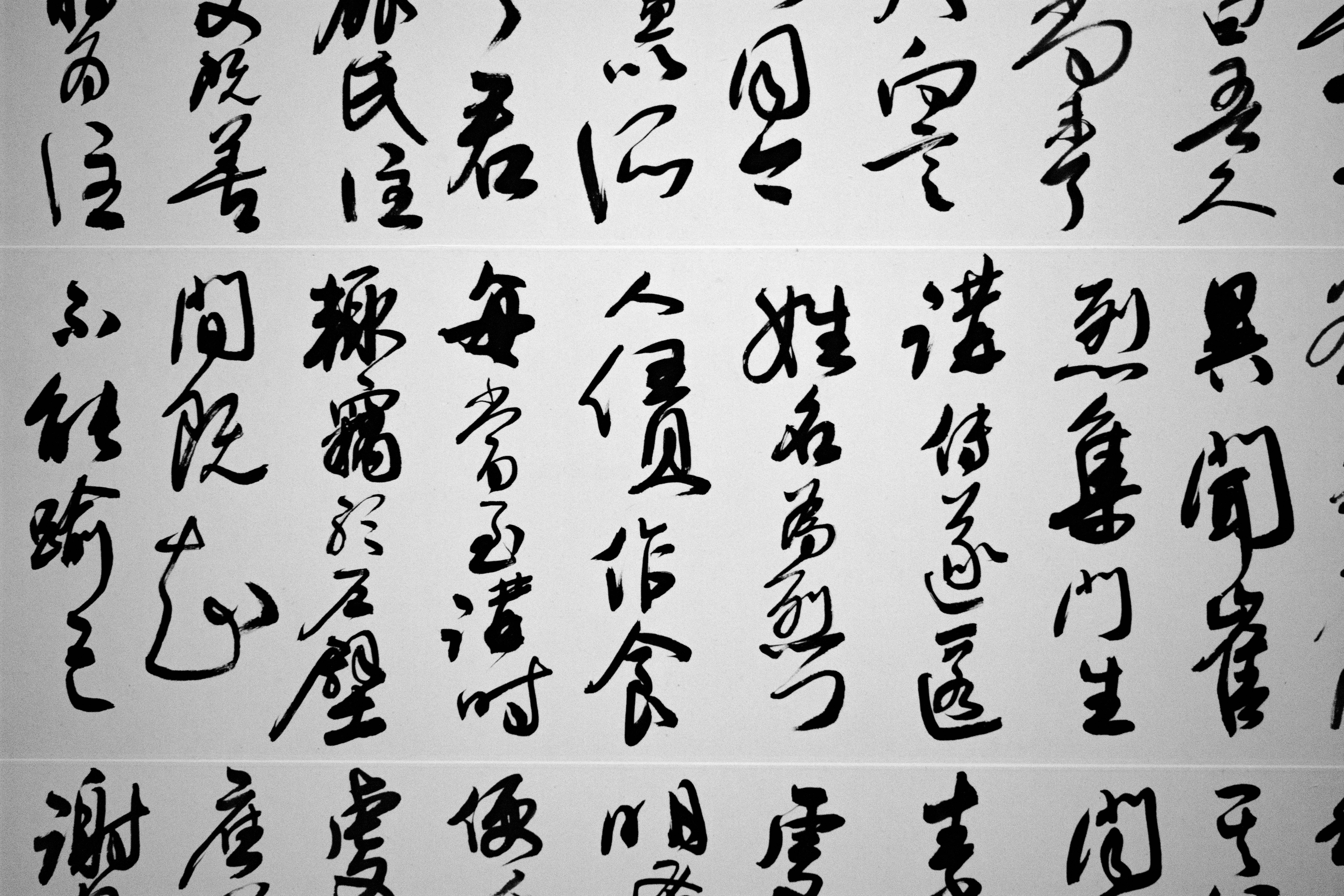 中文 桌布 壁紙 — 淺灰色紙背景上流動的黑色中文草書書法特寫。