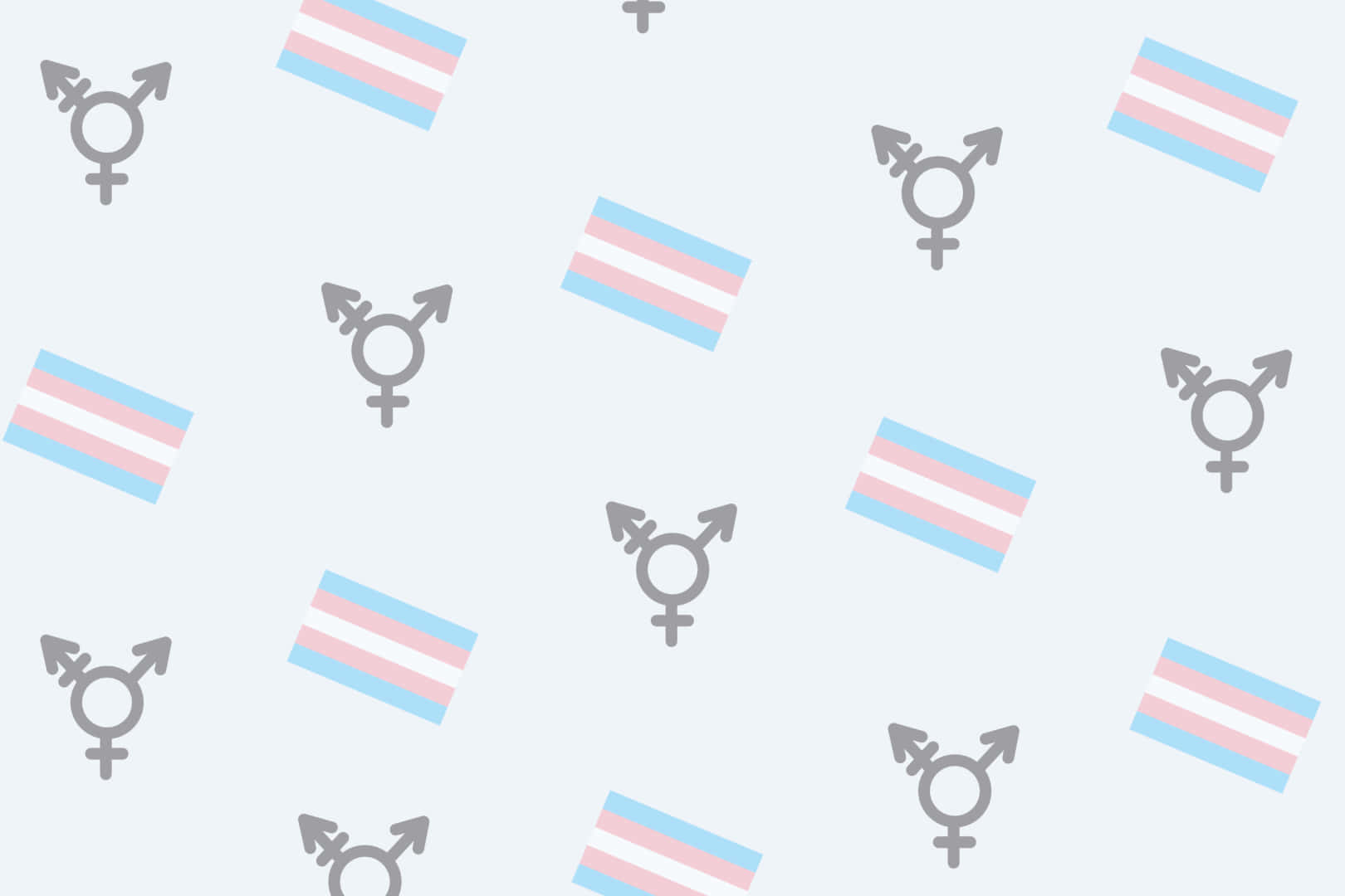 transgender 桌布 壁紙 — 淺灰色背景，重複圖案為跨性別驕傲旗幟和性別符號，採用柔和粉彩色調。