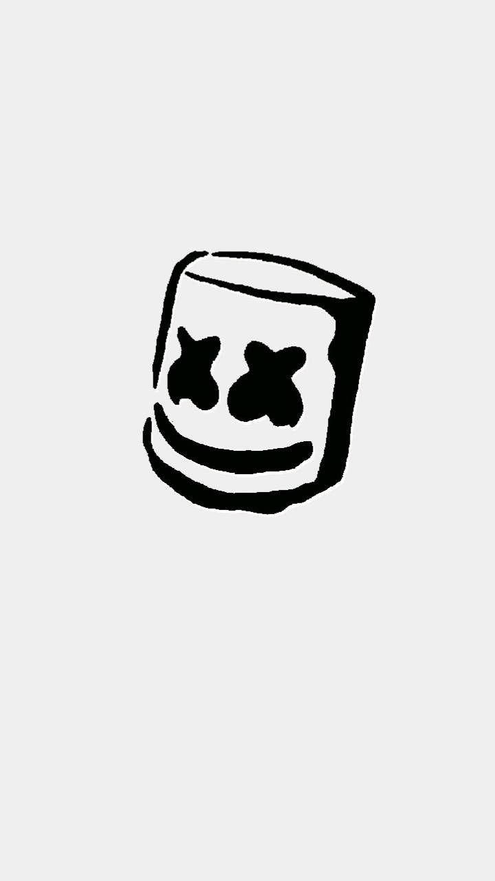 marshmello iPhone 桌布 壁紙 — 淺灰色背景上，一個方形頭盔帶有X眼睛和微笑的極簡黑色線條畫。