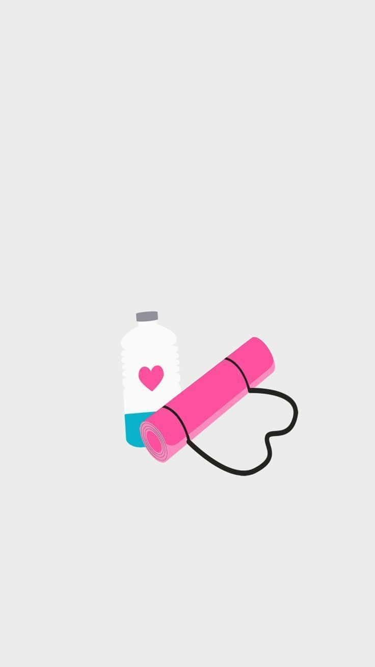 Cute Workout 桌布 壁紙 — 淺灰色背景上，一個粉紅色瑜伽墊綁成心形，旁邊有一個帶有心形圖案的水瓶。