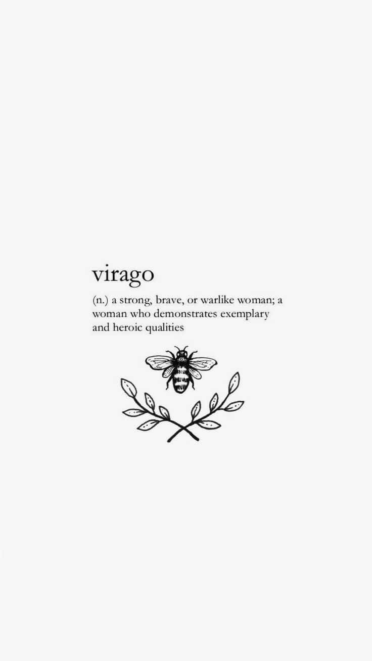 Word 桌布 壁紙 — 淺灰色背景上，交叉月桂樹枝上方有一隻蜜蜂的「virago」極簡黑白定義。