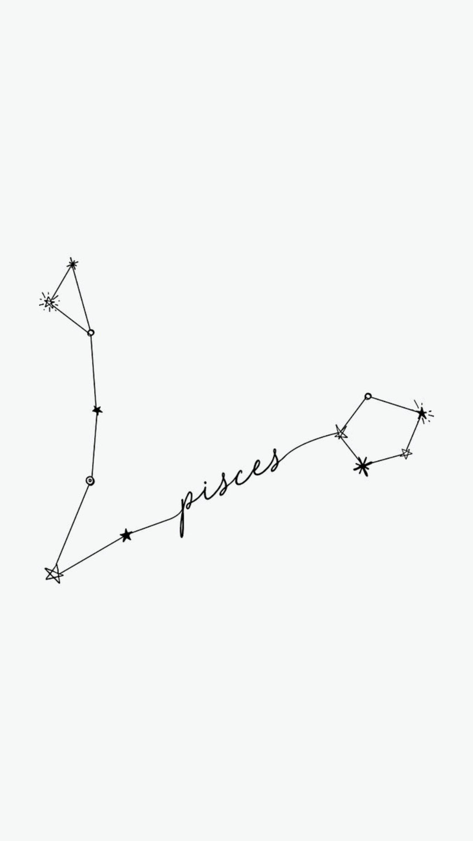 雙魚座 桌布 壁紙 — 淺灰色背景上帶有星星和草書標籤的雙魚座星座極簡線條畫。