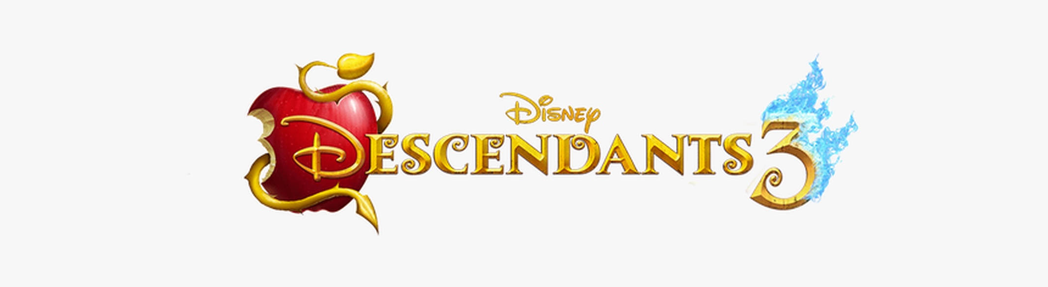 Descendants 桌布 壁紙 — 淺灰色背景上帶有紅蘋果和藍色火焰裝飾的迪士尼星光繼承者3標誌。