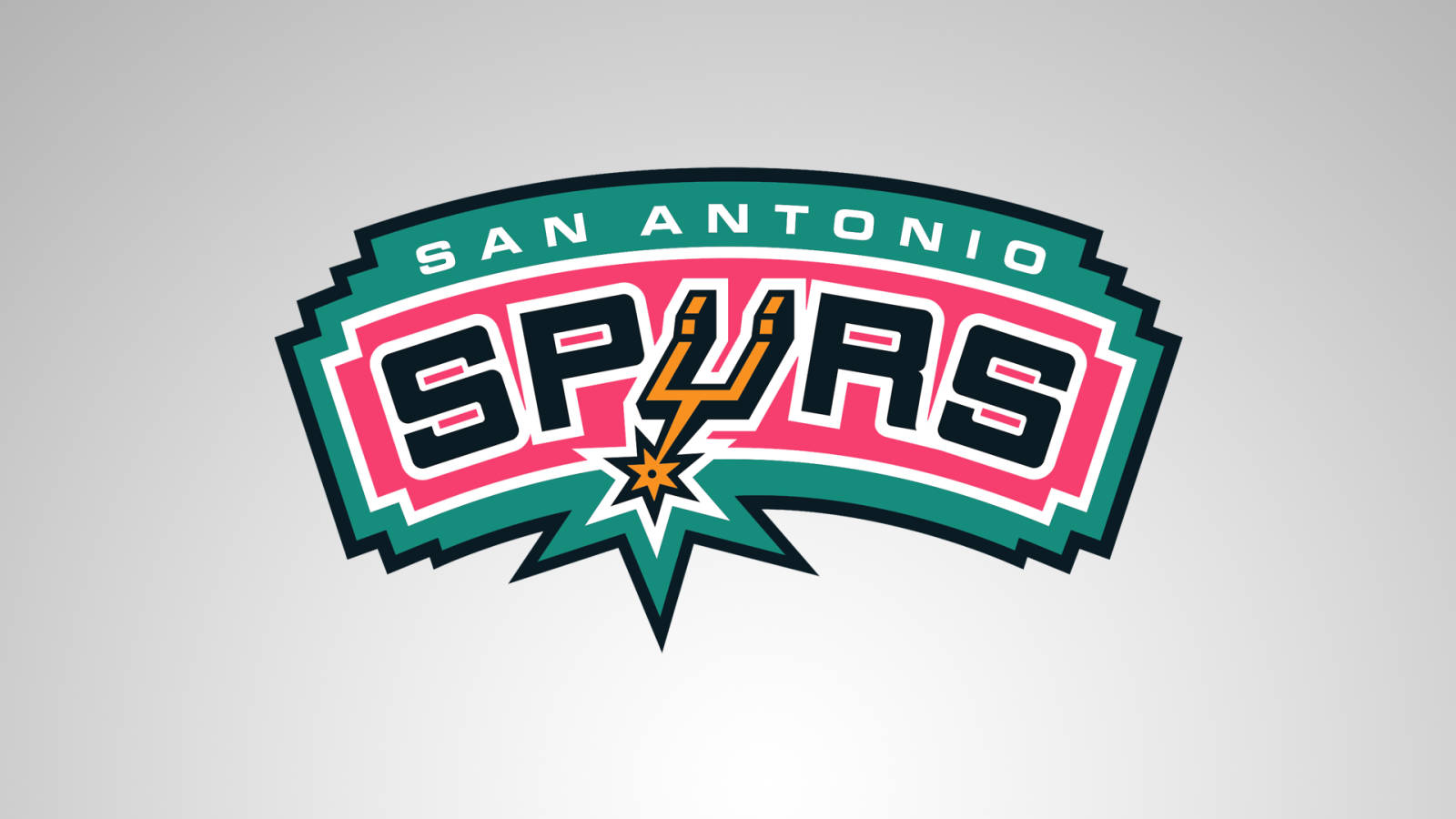 Spurs 桌布 壁紙 — 淺灰色背景上帶有醒目粉紅、綠色和黑色的聖安東尼奧馬刺隊標誌。
