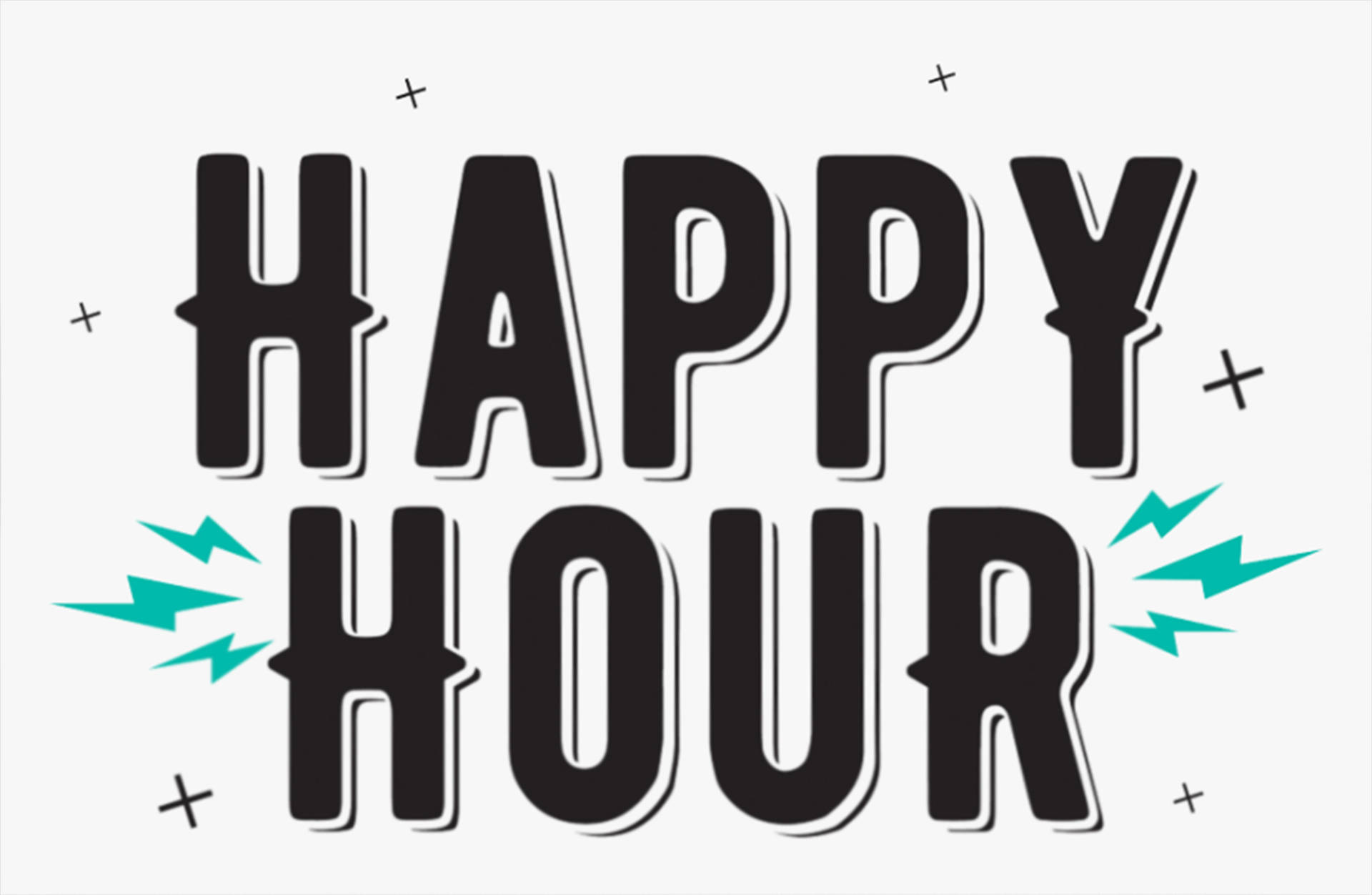Hour 桌布 壁紙 — 淺灰色背景上帶有青綠色閃電和加號的粗體黑色「HAPPY HOUR」文字。