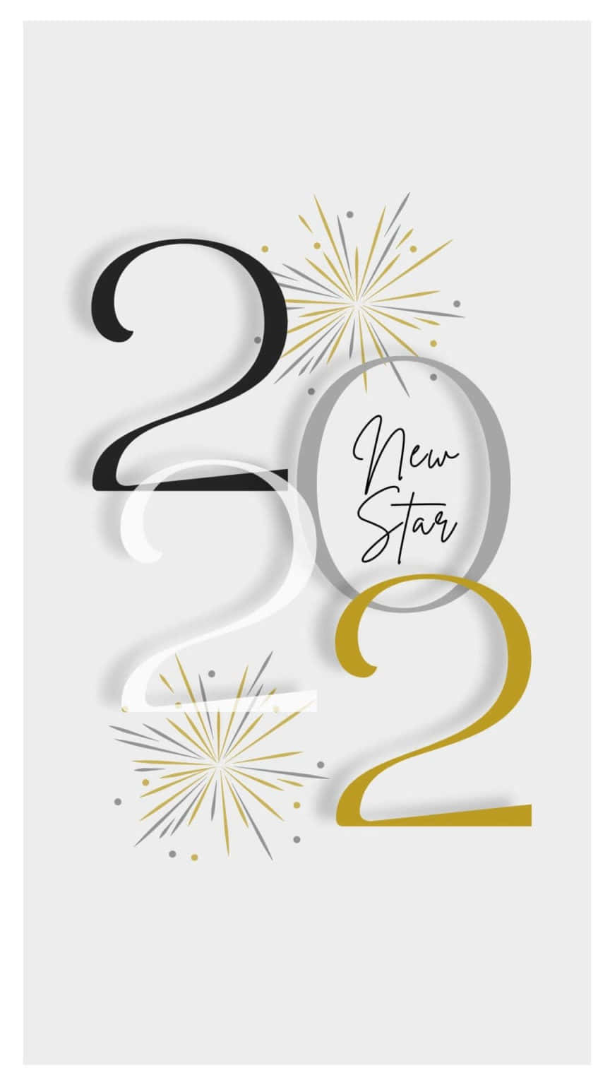 Happy New Year 2022 桌布 壁紙 — 淺灰色背景上帶有風格化數字和金色煙火的簡約2022新年圖形。