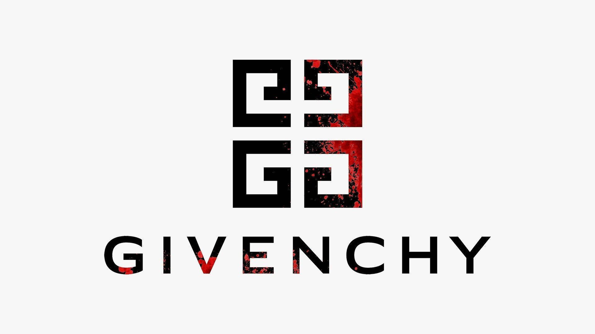 Givenchy 桌布 壁紙 — 淺灰色背景上帶有黑色幾何符號和紅色潑濺點綴的Givenchy標誌。