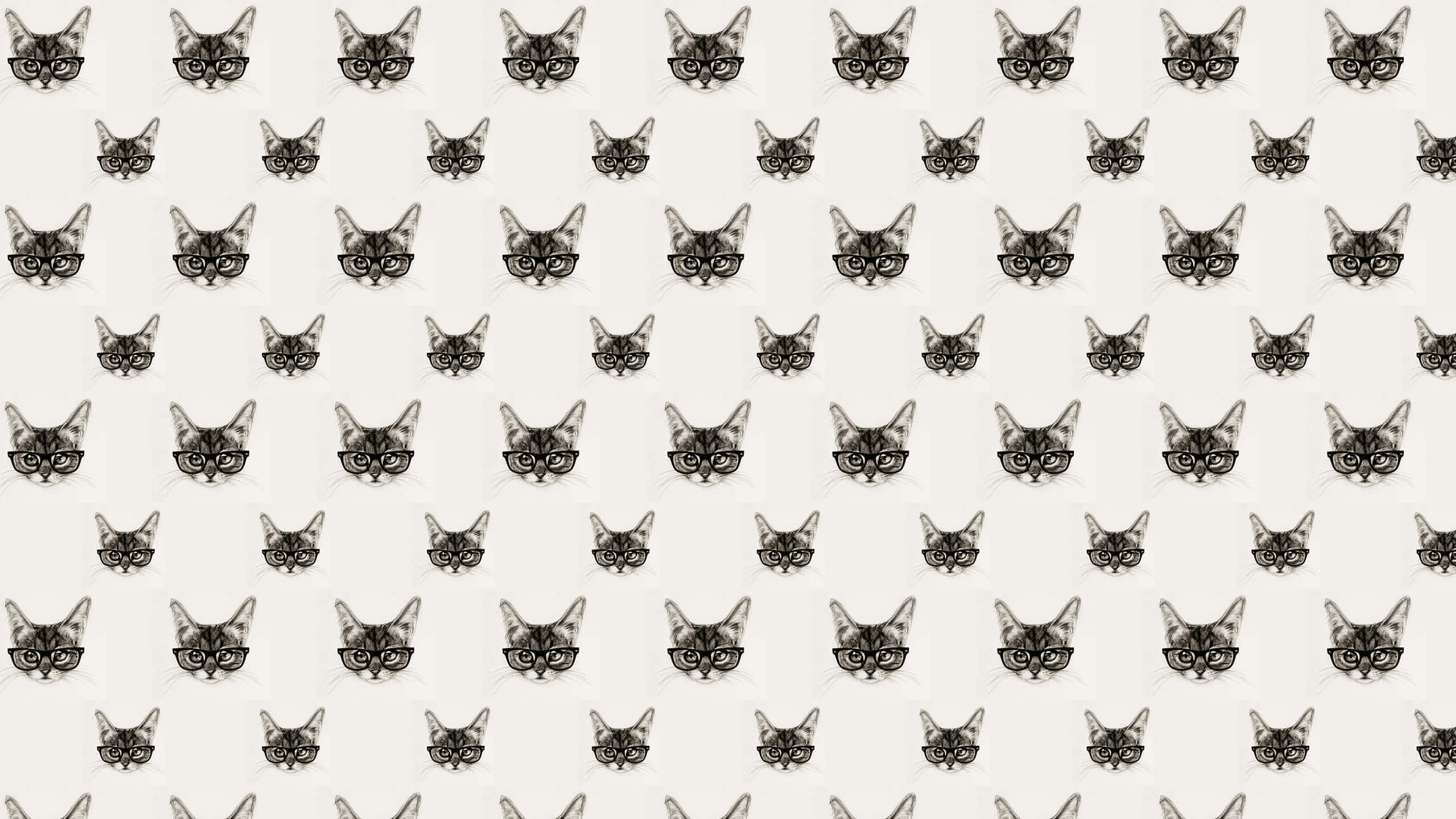 Cute Cat Pattern 桌布 壁紙 — 淺灰色背景上重複出現戴眼鏡的黑白貓臉圖案。