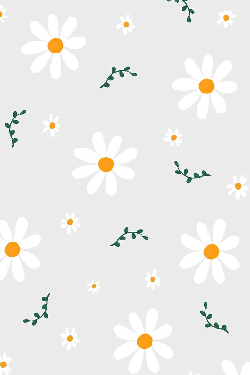Cute Flower 桌布 壁紙 — 淺灰色背景上點綴著散落的白色雛菊和綠色莖幹，形成極簡圖案。