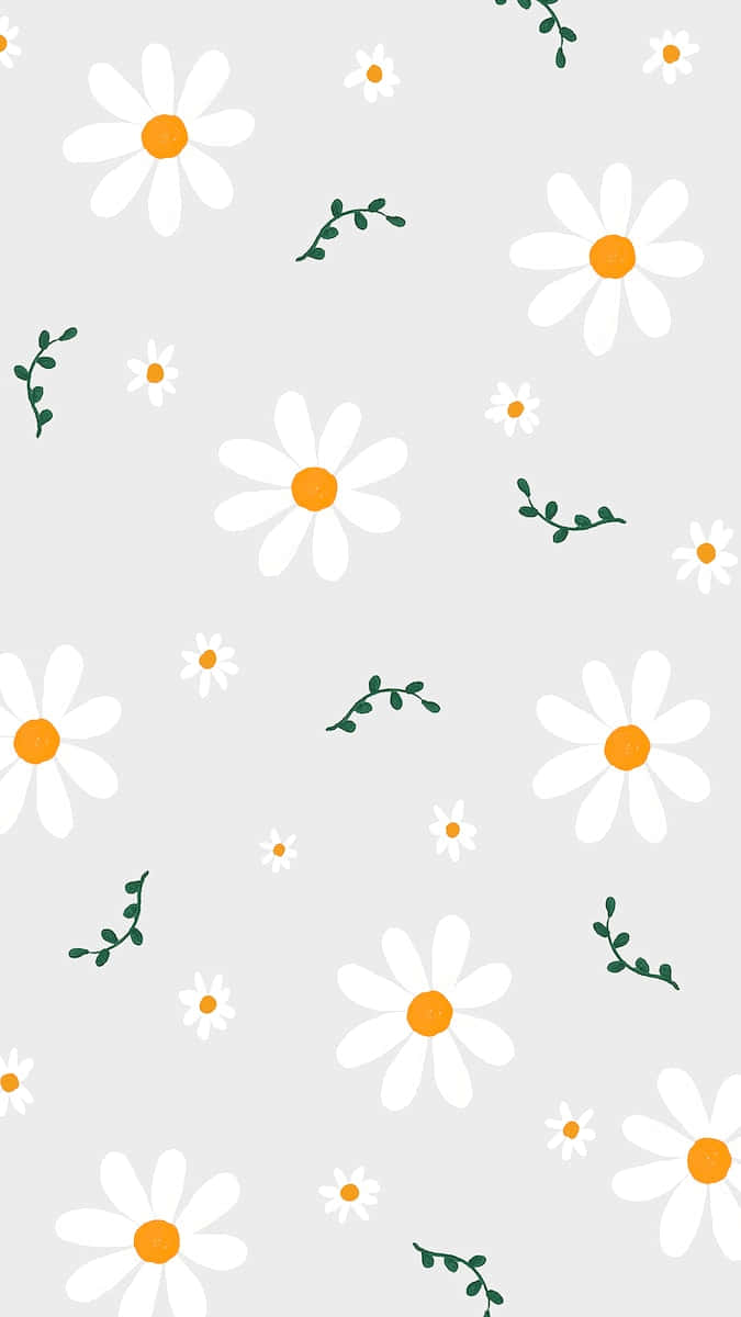 Flowers 桌布 壁紙 — 淺灰色背景上點綴著散落的白色雛菊和綠色莖幹，形成極簡圖案。
