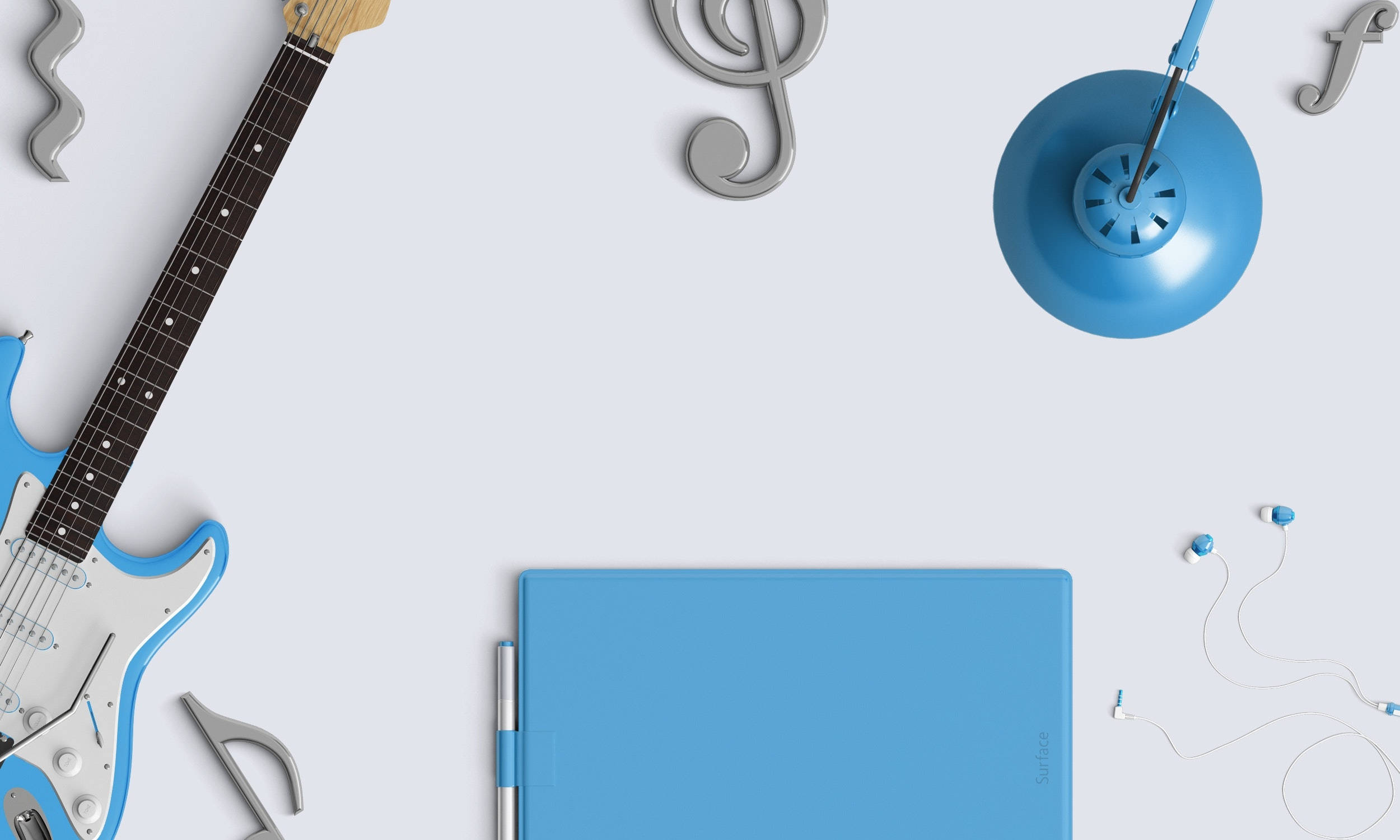 Aesthetic Blue 桌布 壁紙 — 淺灰色表面上的藍色電吉他、筆記本、燈和音樂符號的極簡平鋪佈置。