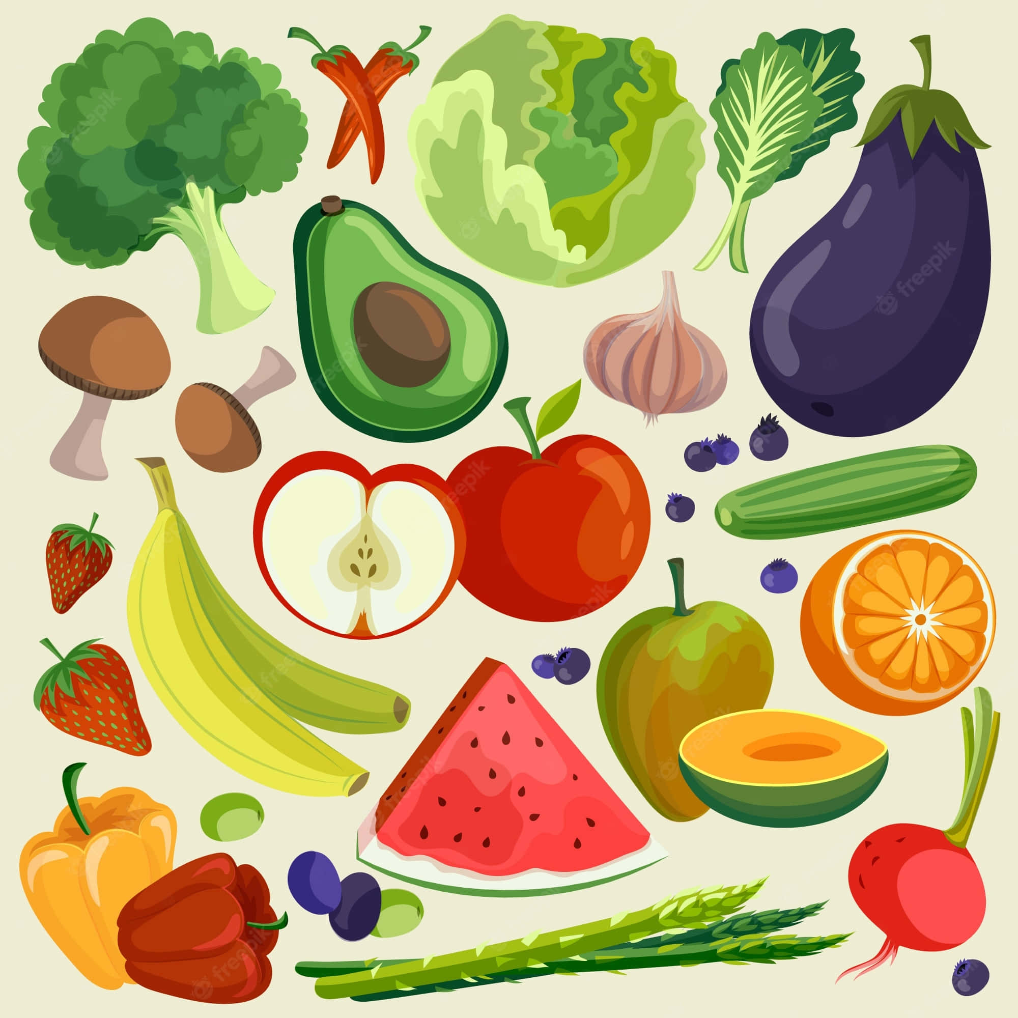 Fruits And Vegetables 桌布 壁紙 — 淺米色背景上擺放著各種新鮮水果和蔬菜的彩色卡通插圖。