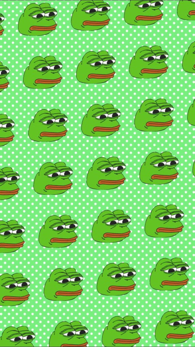 Pepe 桌布 壁紙 — 淺綠色圓點背景上，重複圖案為綠色卡通青蛙，帶有疲倦的眼睛。