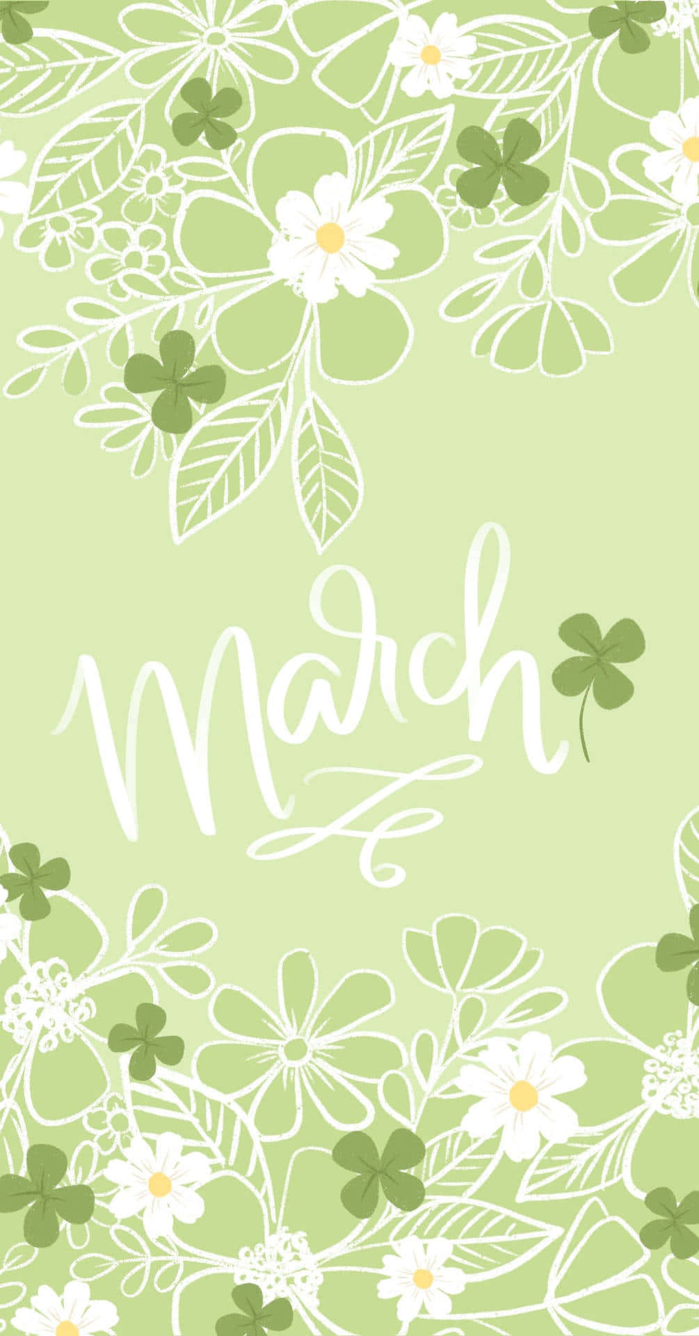 Cute March 桌布 壁紙 — 淺綠色壁紙，帶有白色花卉輪廓和綠色三葉草，以優雅草書框住「March」一詞。