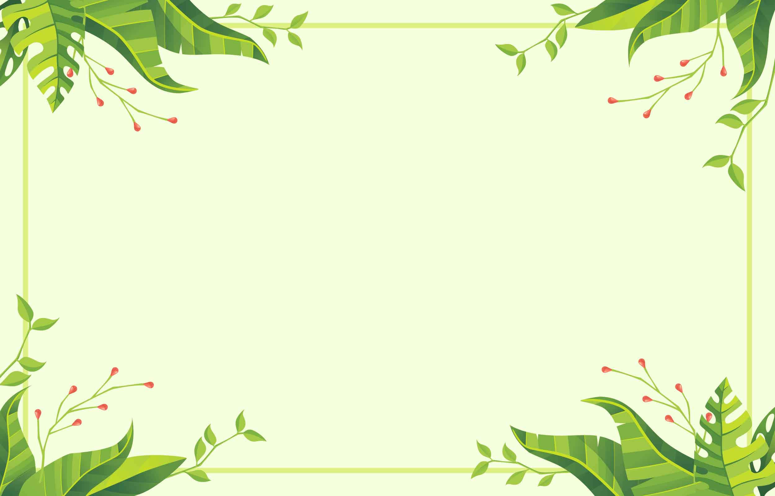 Light Green 桌布 壁紙 — 淺綠色背景，角落由茂盛的熱帶樹葉和紅色漿果框住。