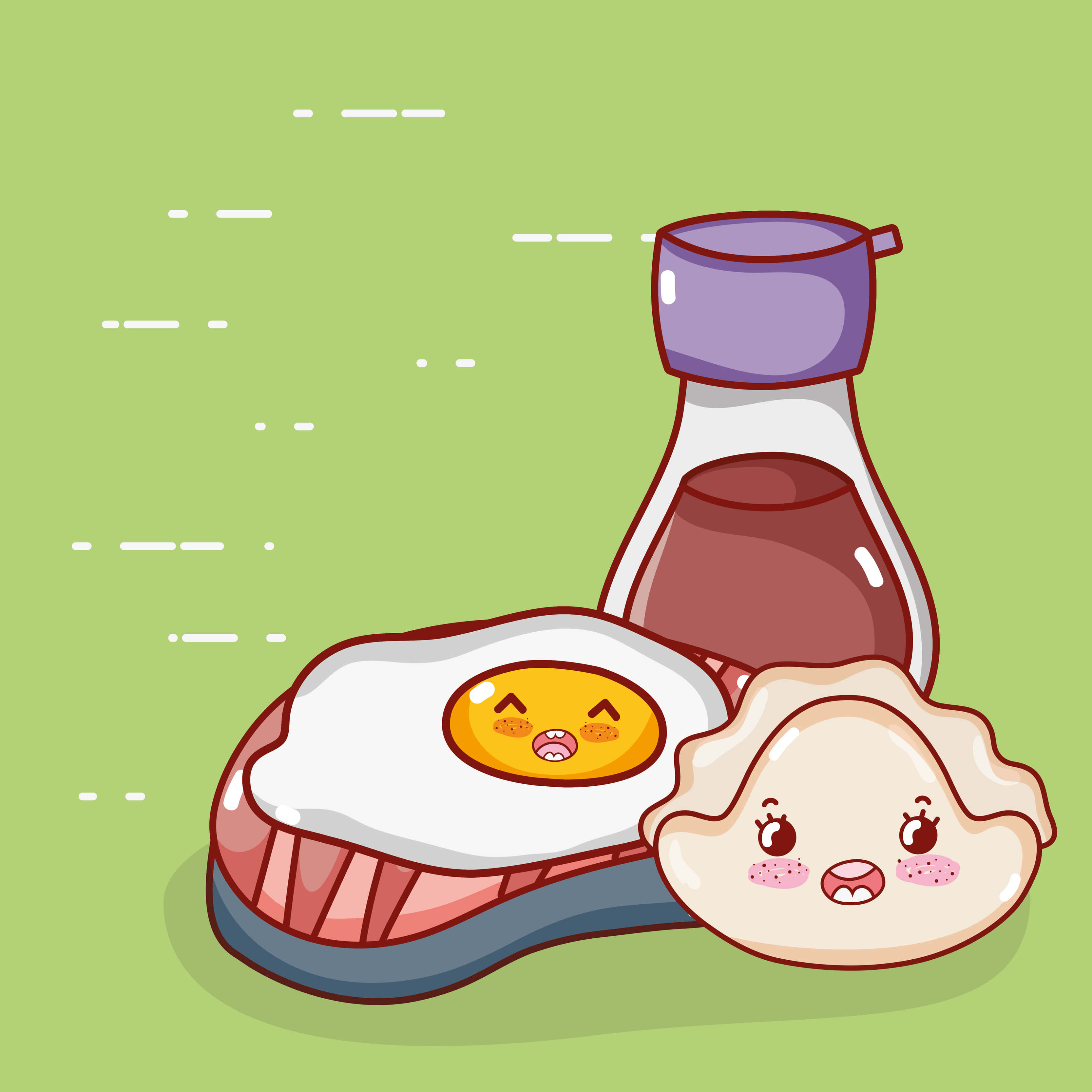Kawaii Japanese Food 桌布 壁紙 — 淺綠色背景上，一個微笑的煎蛋和餃子配醬油瓶的可愛卡通插圖。