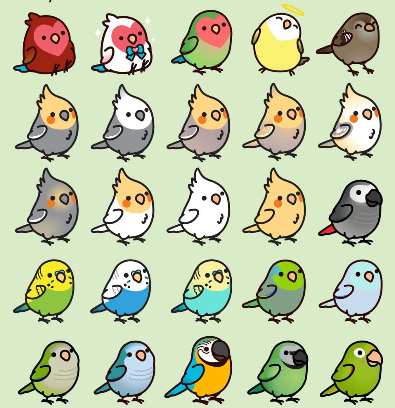 Kawaii Bird 桌布 壁紙 — 淺綠色背景上，各種顏色和姿勢的可愛卡通鳥類網格。