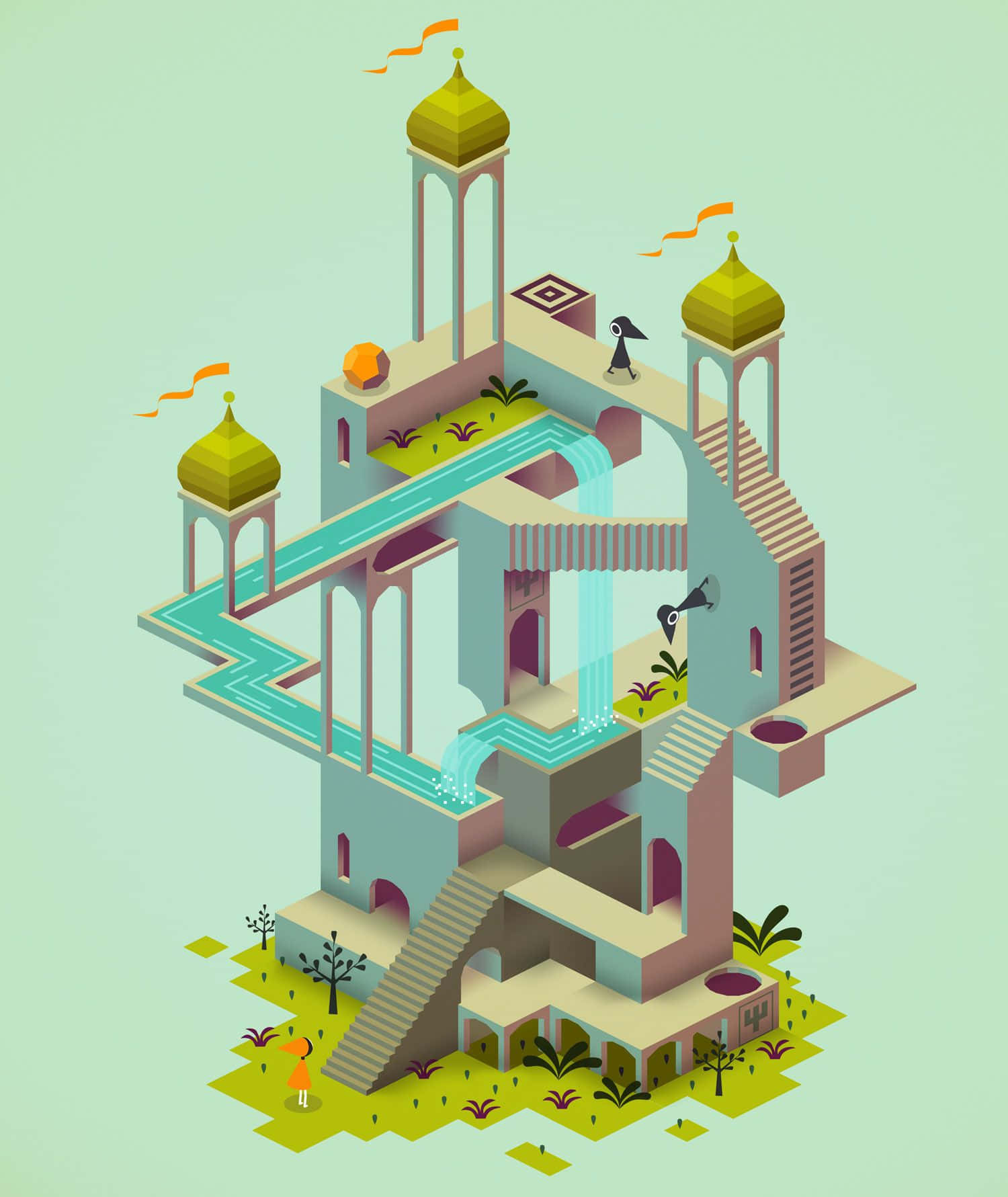 Game Design 桌布 壁紙 — 淺綠色背景上，帶有圓頂、樓梯和流水的超現實漂浮建築結構的等距插圖。