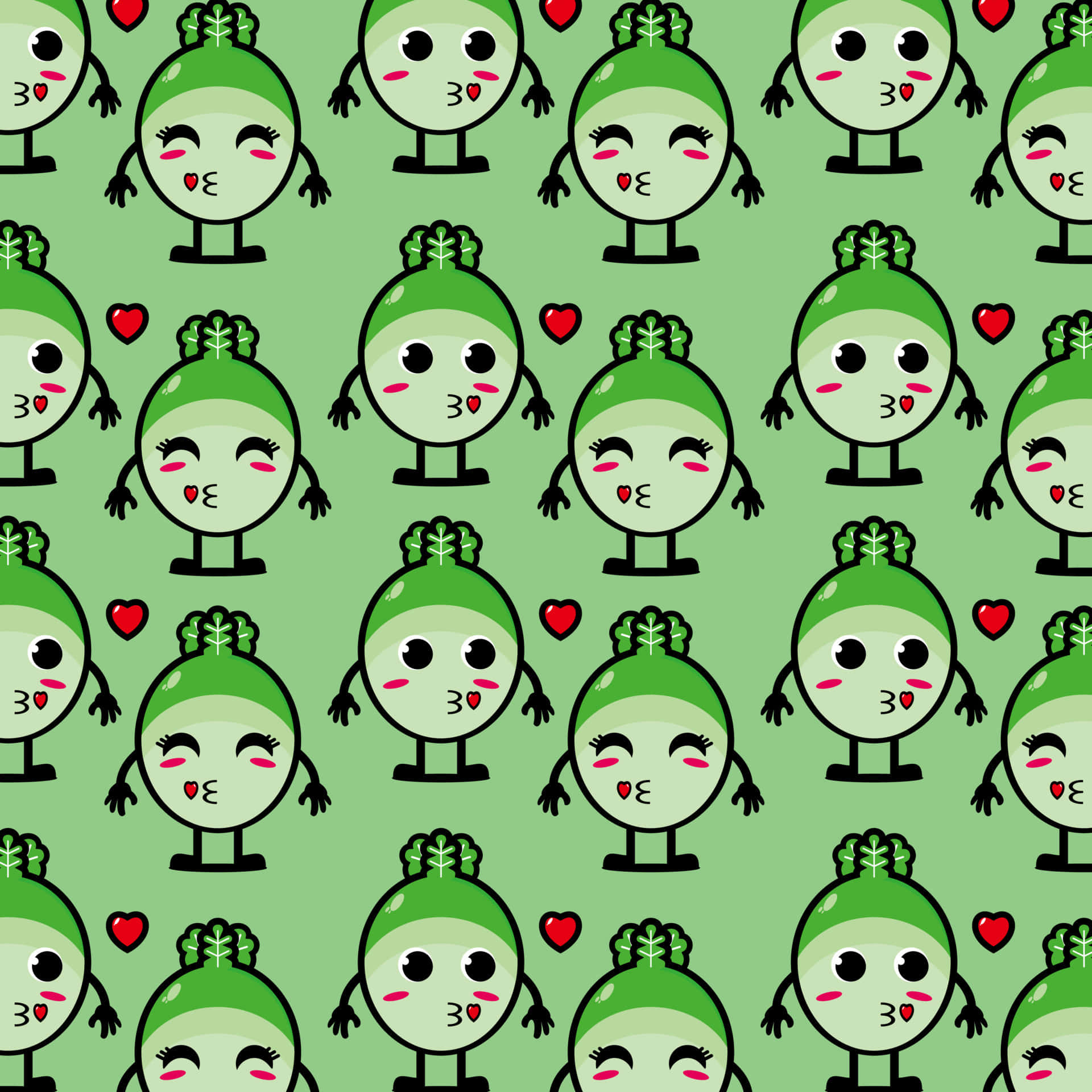 Kawaii Characters 桌布 壁紙 — 淺綠色背景上，帶有心形和眨眼眼睛的可愛綠色花椰菜角色的重複圖案。