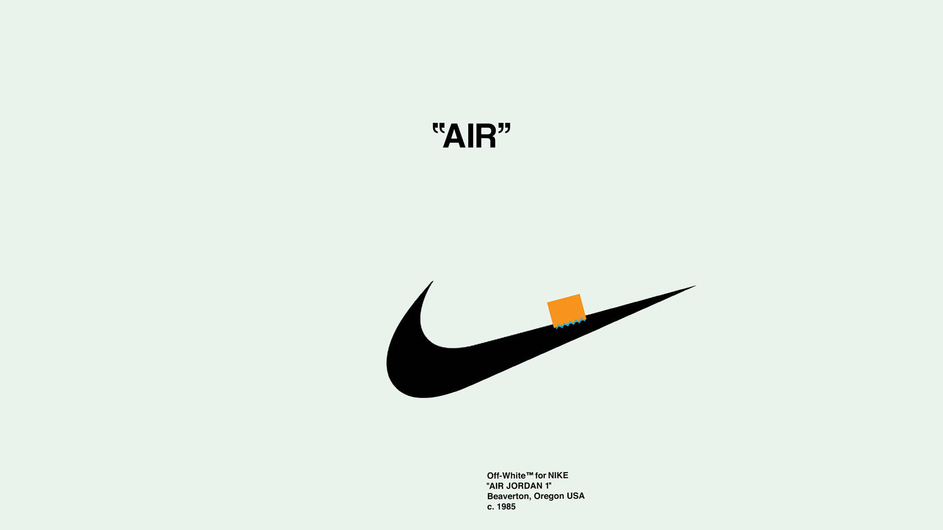 Off White Logo 桌布 壁紙 — 淺綠色背景上，黑色Nike勾勾尖端帶有細小橙色橡皮擦的極簡圖形。