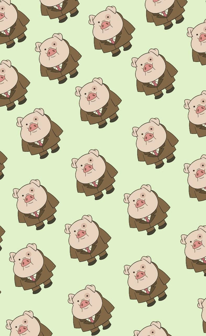 waddles 桌布 壁紙 — 淺綠色背景上穿著棕色西裝的卡通豬重複圖案。