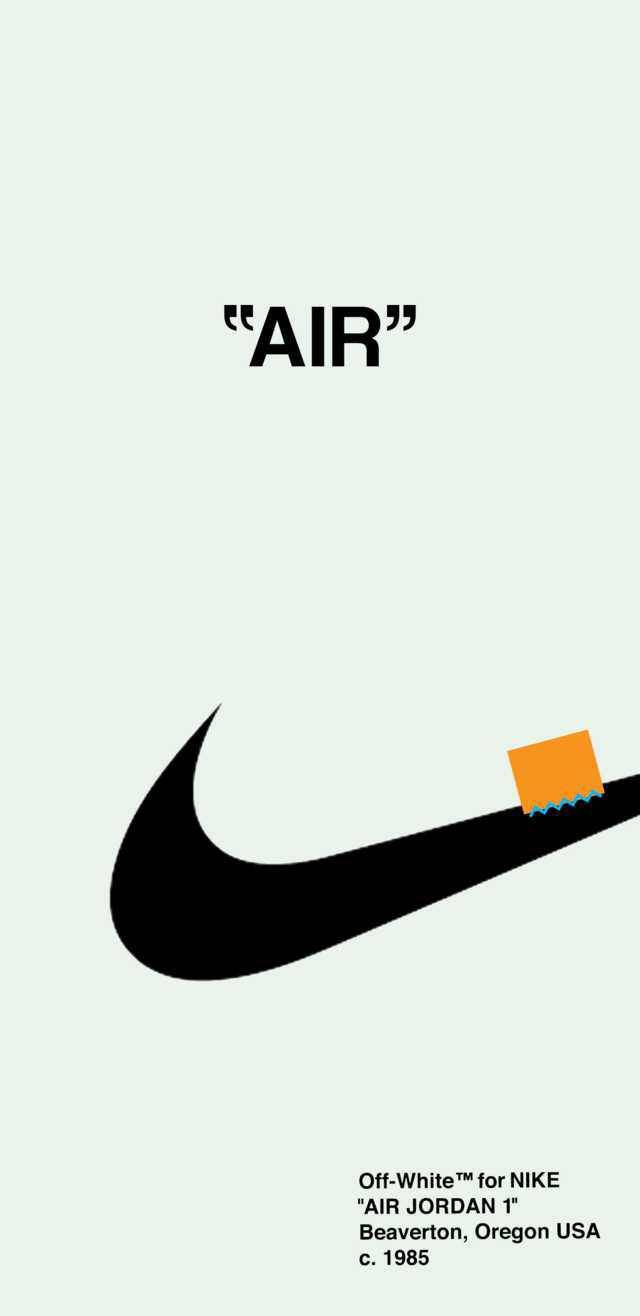 Nike iPhone 桌布 壁紙 — 淺綠色背景上黑色Nike標誌配橙色膠帶細節的極簡圖形。