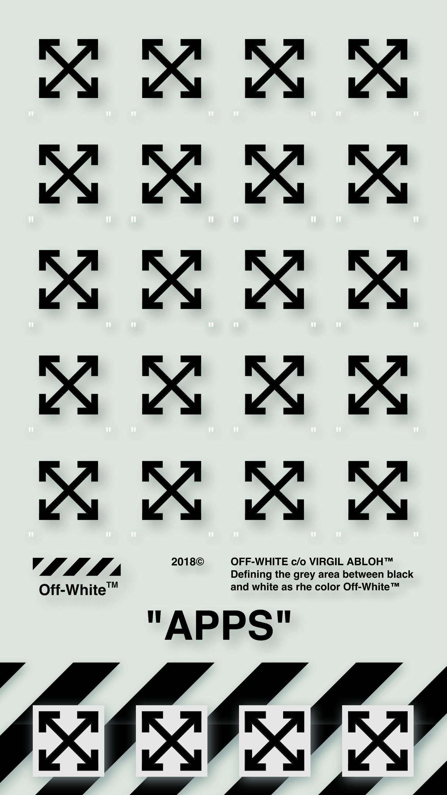 Off White Logo 桌布 壁紙 — 淺綠色背景上黑色箭頭標誌的極簡網格，帶有對角線條和底部文字。