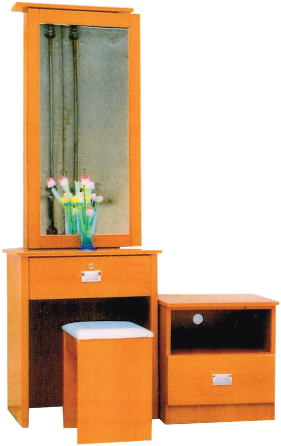 mirror 桌布 壁紙 — 淺色木製梳妝台套裝，配有鏡子、抽屜、凳子及側櫃，櫃頂擺放藍色花瓶中的彩色鬱金香。