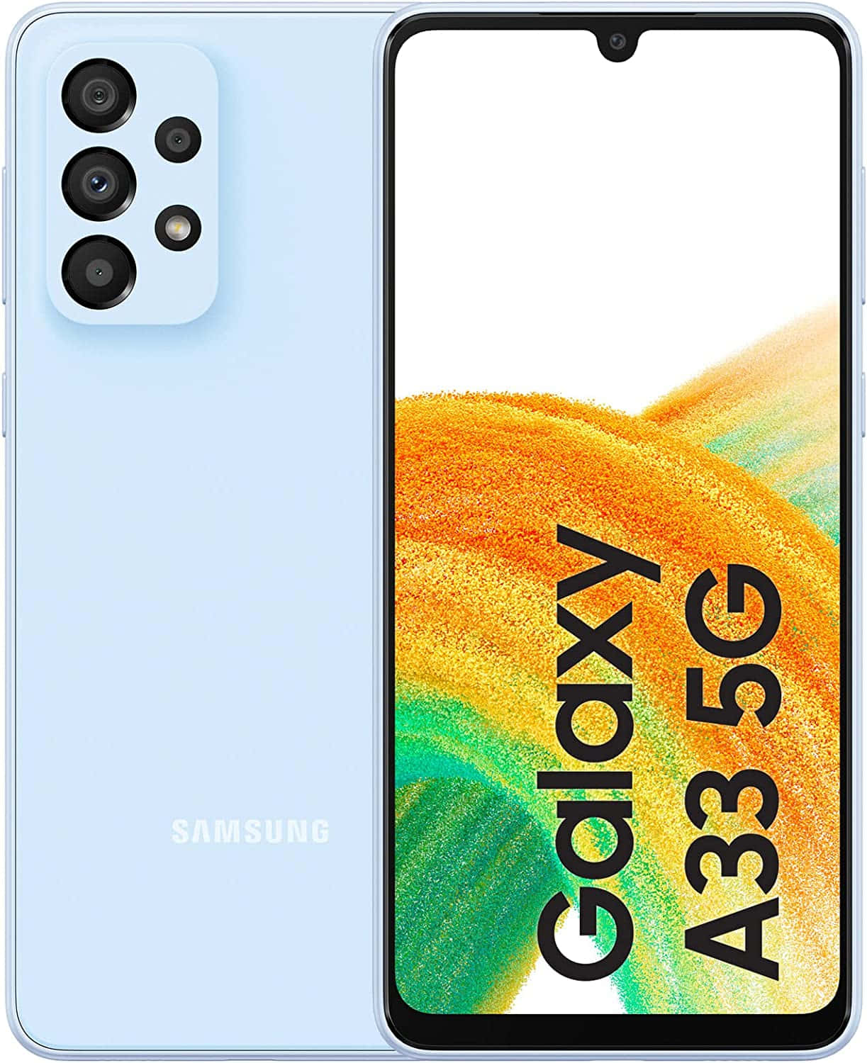 三星 桌布 壁紙 — 淺藍色 Samsung Galaxy A33 5G 智慧型手機正面和背面顯示，螢幕上帶有充滿活力的抽象桌布。