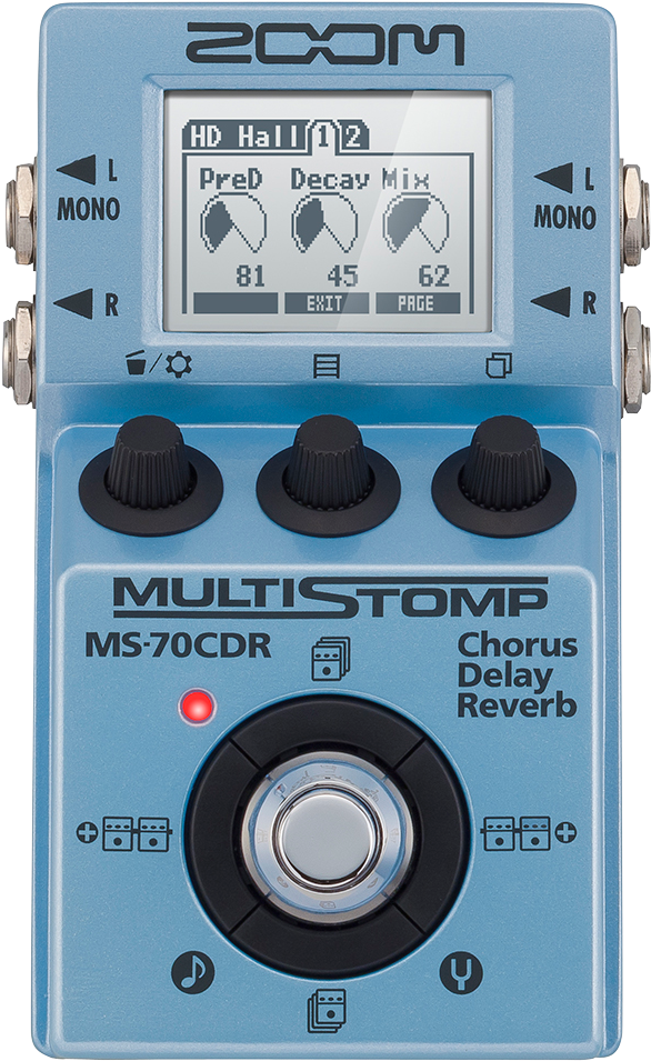 放大 桌布 壁紙 — 淺藍色 Zoom MultiStomp MS-70CDR 效果器踏板，帶黑色旋鈕和亮起的紅色 LED，顯示 HD Hall 12 設定。