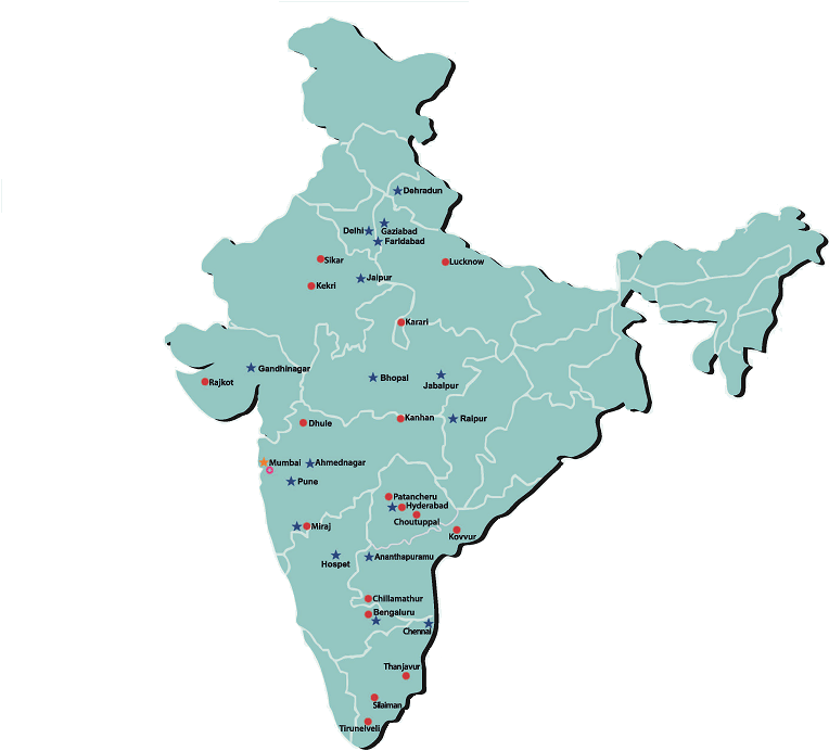 India Map 桌布 壁紙 — 淺藍色印度地圖，帶有白色邊框和紅色星形標記，在黑色背景上標出主要城市。