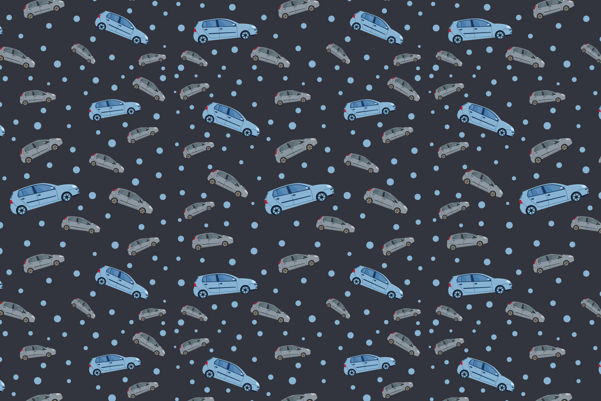 Car Pattern 壁紙 — 淺藍色和灰色汽車重複圖案，散佈在深灰色背景上，帶有淺藍色圓點。