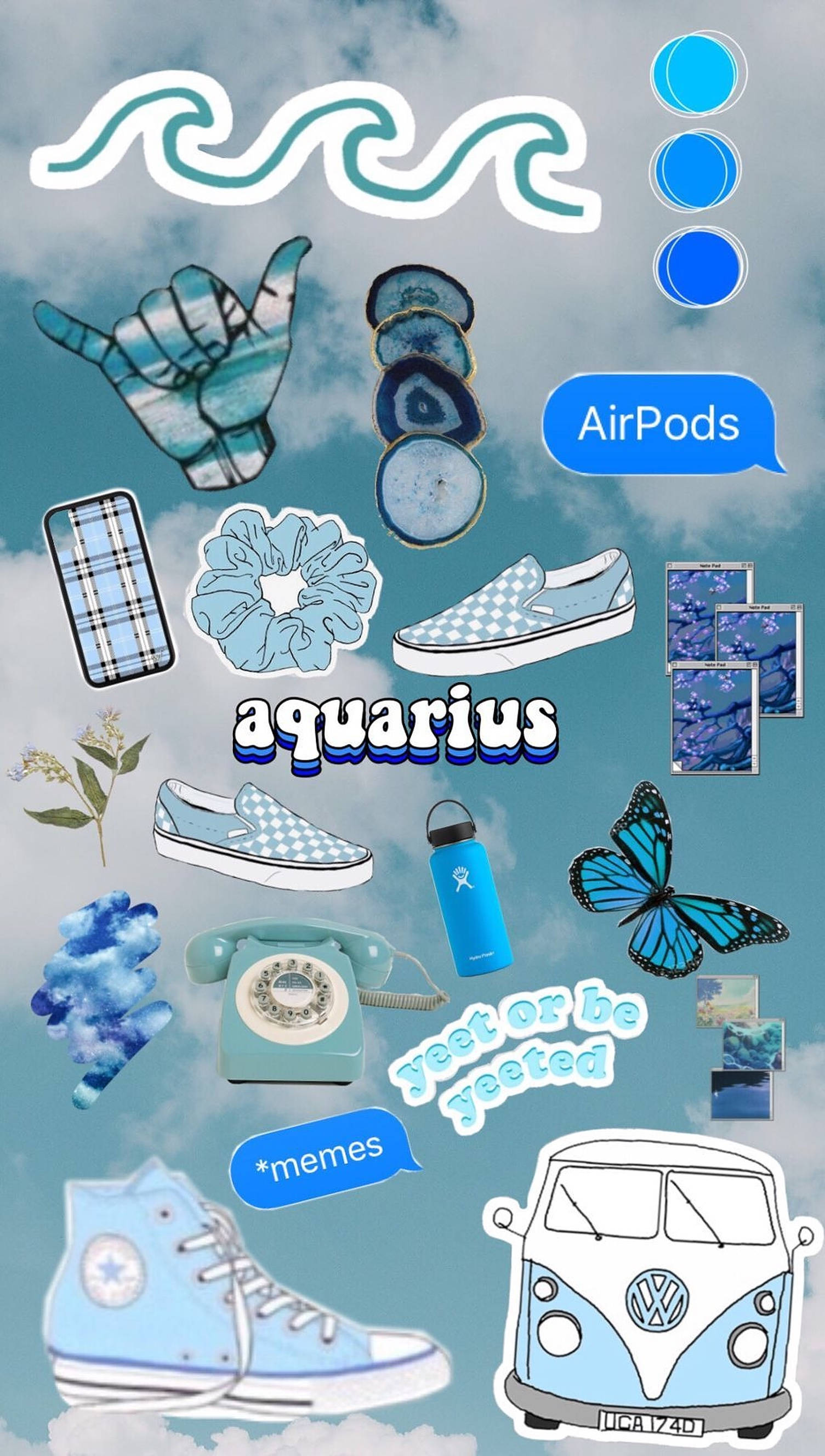 aquarius 桌布 壁紙 — 淺藍色和白色貼紙拼貼，以水瓶座為主題，包括沙卡手勢、蝴蝶、電話和運動鞋，背景是陰天天空。