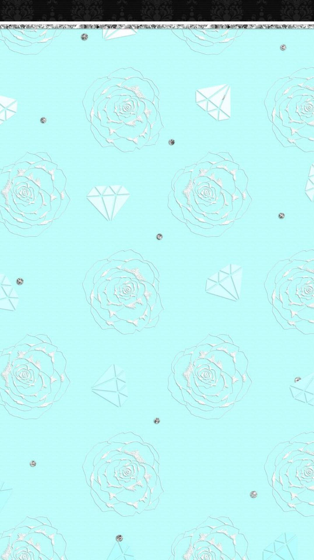 tiffany 桌布 壁紙 — 淺藍色壁紙，白色玫瑰和鑽石散落在紋理表面上。