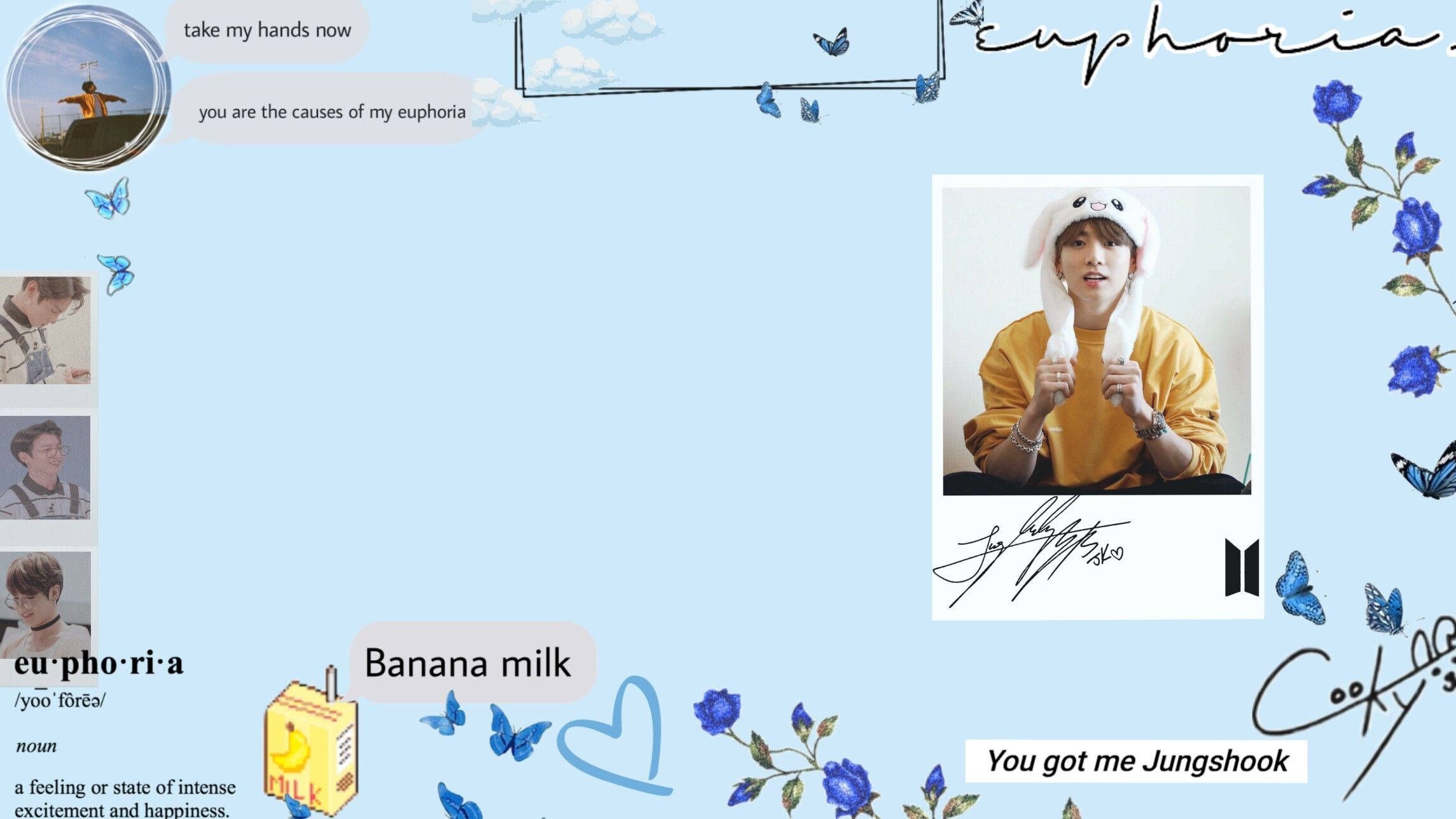 Jungkook 桌布 壁紙 — 淺藍色桌布拼貼， featuring Jungkook 穿著黃色連帽衫，戴著兔耳朵，周圍環繞著蝴蝶、藍色花朵和文字短語，如 euphoria 和香蕉牛奶。