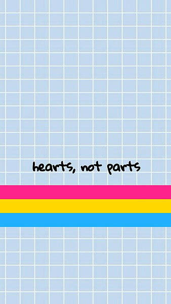 淺藍色網格，帶有彩色條紋和文字「hearts not parts」。