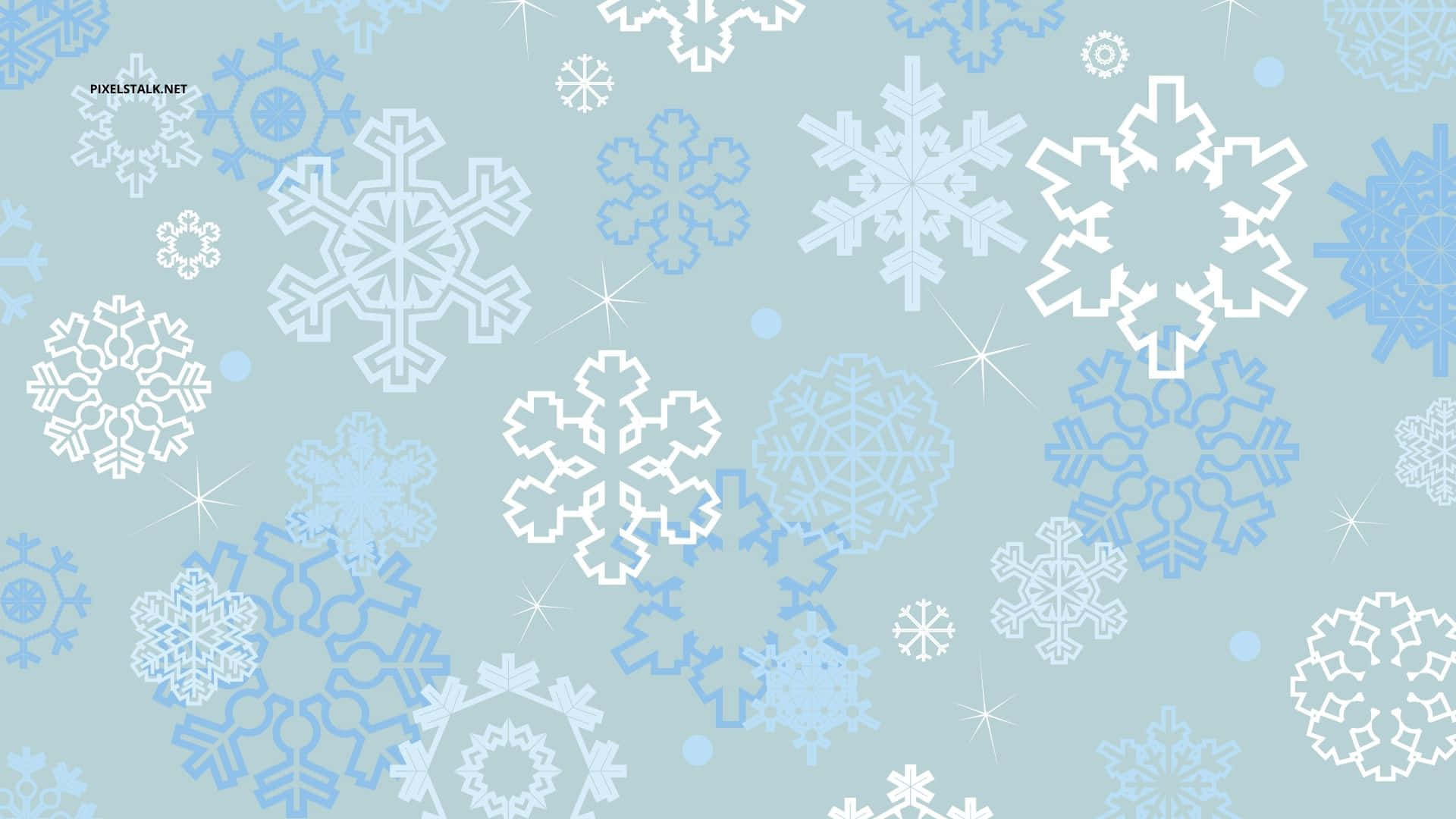 Cute Winter 桌布 壁紙 — 淺藍色背景，飾有精緻的白色和淺藍色雪花，大小不一，並帶有星形閃光。
