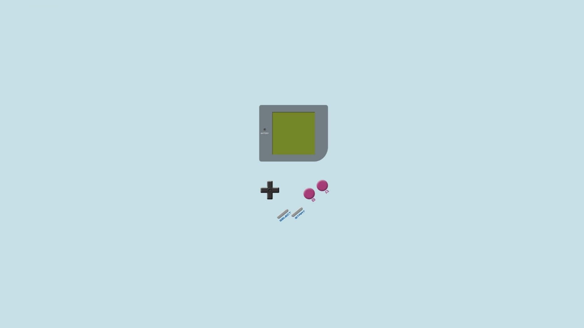 Minimalist Retro 桌布 壁紙 — 淺藍色背景上，一部帶有綠色螢幕和粉紅色按鈕的簡約灰色掌上型遊戲機。
