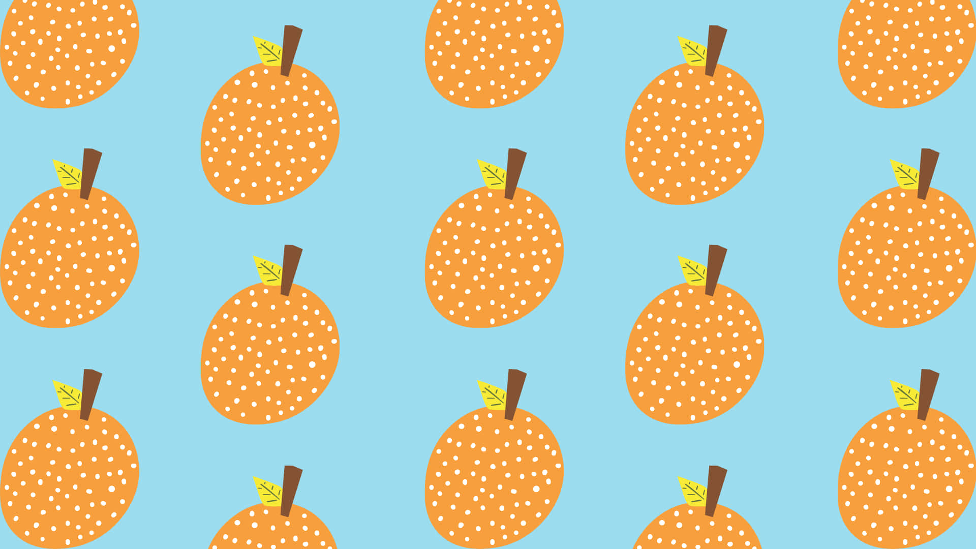 Cute Orange 桌布 壁紙 — 淺藍色背景上帶有白色點和綠色莖的橙色南瓜重複圖案。